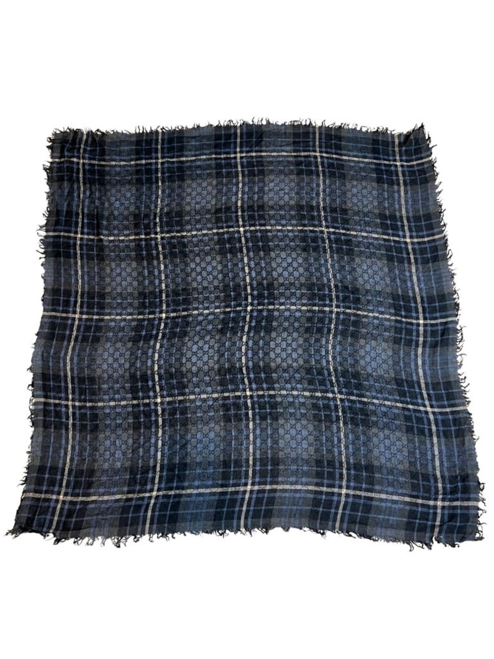 Gucci Plaid GG Supreme Wool Silk Blue Black Big Scarf Fringe